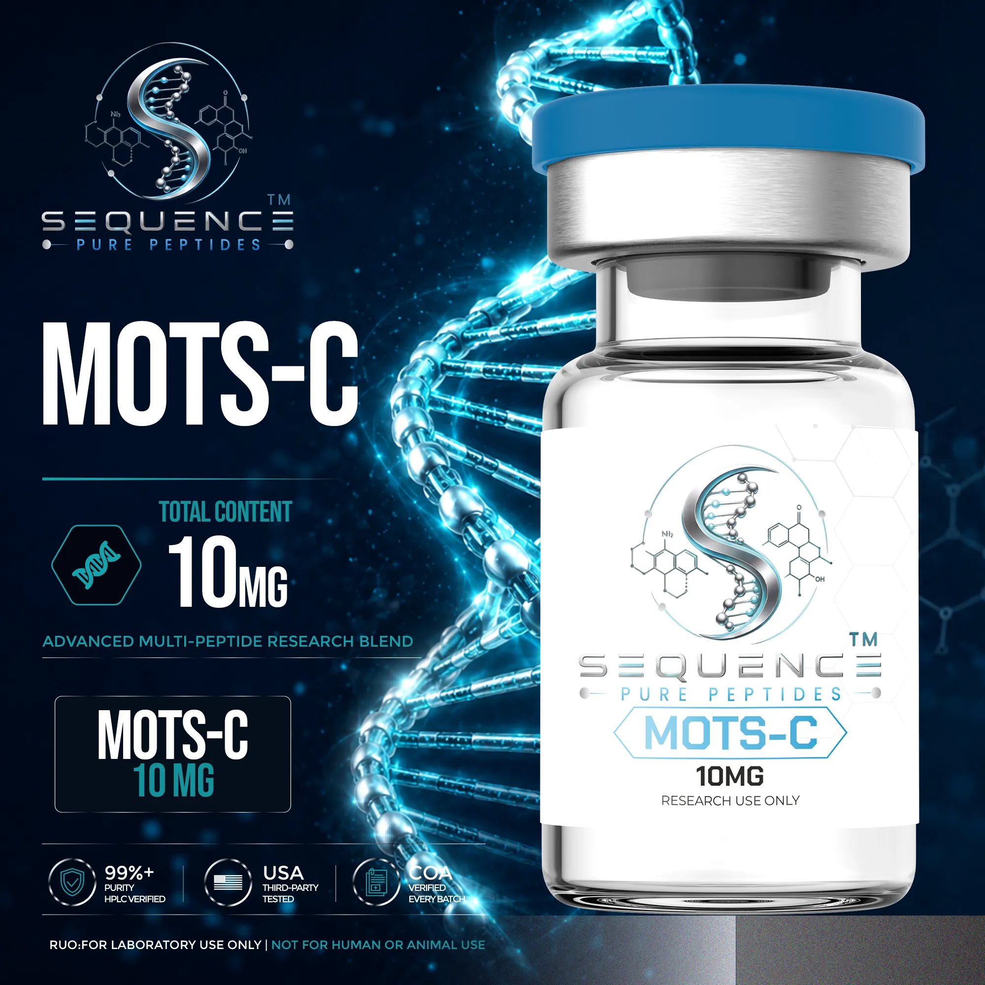 Sequence Pure MOTS-C 10mg research peptide vial displayed against a blue DNA background